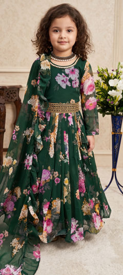Green color Girls Gown in Faux Georgette fabric with Digital Print work