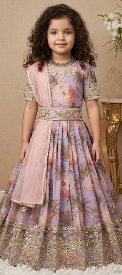 Purple and Violet color Girls Gown in Faux Georgette fabric with Digital Print, Embroidered, Sequence work