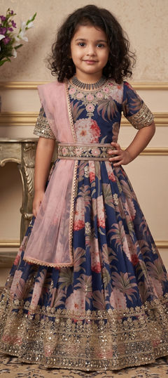 Blue color Girls Gown in Faux Georgette fabric with Digital Print, Embroidered, Sequence work