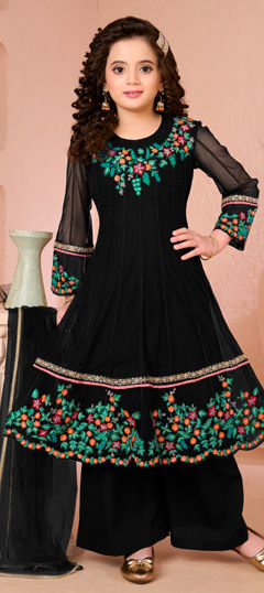 Black and Grey color Kids Salwar in Net fabric with Embroidered work