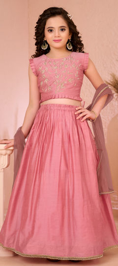 Pink and Majenta color Kids Lehenga in Silk cotton fabric with Thread work