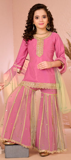 Pink and Majenta color Kids Salwar in Silk cotton fabric with Embroidered work