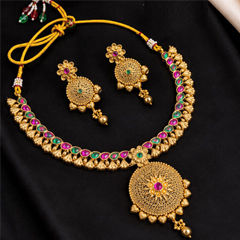 Gold Rodium Polish Pink and Majenta color Necklace in Copper studded with CZ Diamond, Kundan