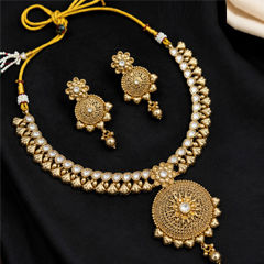 Gold Rodium Polish White and Off White color Necklace in Copper studded with CZ Diamond, Kundan