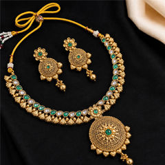 Gold Rodium Polish Green color Necklace in Copper studded with CZ Diamond, Kundan