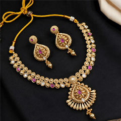 Gold Rodium Polish Pink and Majenta color Necklace in Copper studded with CZ Diamond, Kundan