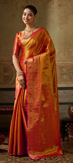 Orange color Saree in Kanchipuram Silk fabric with Weaving, Zari work