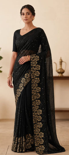 Black and Grey color Saree in Georgette fabric with Embroidered, Sequence work