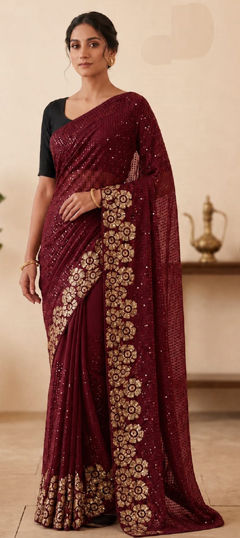Red and Maroon color Saree in Georgette fabric with Embroidered, Sequence work