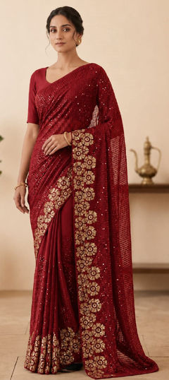 Red and Maroon color Saree in Georgette fabric with Embroidered, Sequence work