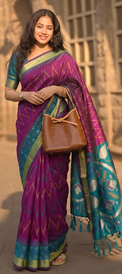 Purple and Violet color Saree in Silk fabric with Printed, Weaving work