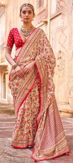 Pink and Majenta, Red and Maroon color Saree in Silk fabric with Printed, Weaving work