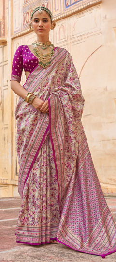 White and Off White color Saree in Silk fabric with Printed, Weaving work