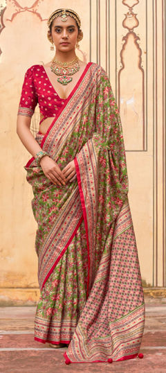 Green color Saree in Silk fabric with Printed, Weaving work