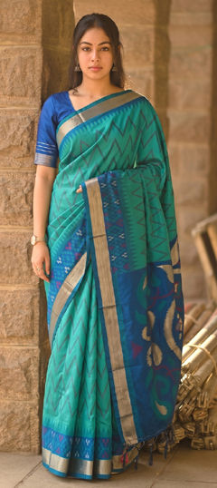 Green color Saree in Silk fabric with Printed, Weaving work