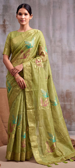 Green color Saree in Linen fabric with Weaving work