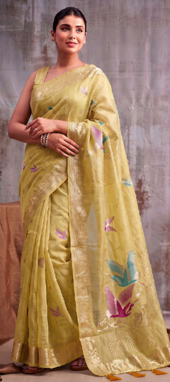 Yellow color Saree in Linen fabric with Weaving work