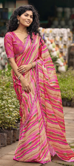 Multicolor, Pink and Majenta color Saree in Silk fabric with Lehariya, Printed work