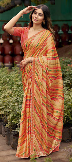 Orange, Pink and Majenta color Saree in Silk fabric with Lehariya, Printed work