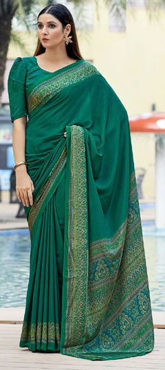 Green color Saree in Crepe Silk fabric with Printed work
