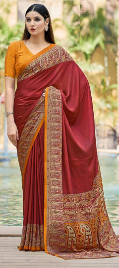 Red and Maroon color Saree in Crepe Silk fabric with Printed work