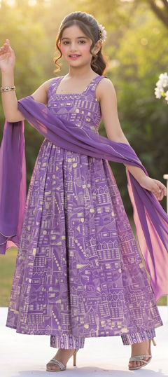 Purple and Violet color Kids Salwar in Muslin fabric with Digital Print work