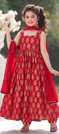 Red and Maroon color Kids Salwar in Muslin fabric with Digital Print work