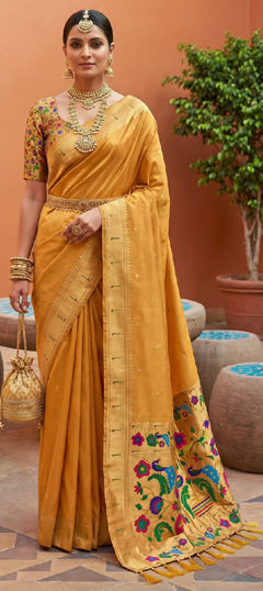 Yellow color Saree in Silk fabric with Weaving, Zari work