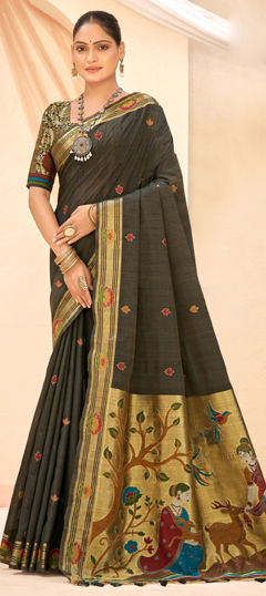 Black and Grey color Saree in Jamawar fabric with Printed work