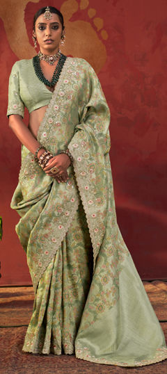 Green color Saree in Viscose fabric with Embroidered, Lace, Printed, Sequence, Zari work