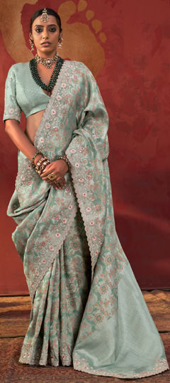 Blue color Saree in Viscose fabric with Embroidered, Lace, Printed, Sequence, Zari work