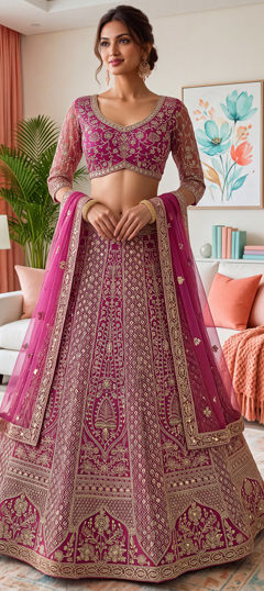Pink and Majenta color Lehenga in Net fabric with Embroidered, Sequence, Zari work