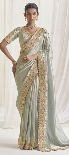 Black and Grey color Saree in Viscose fabric with Sequence, Stone, Thread, Zari work