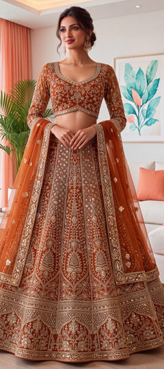 Orange color Lehenga in Net fabric with Embroidered, Sequence, Zari work