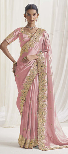 Pink and Majenta color Saree in Viscose fabric with Sequence, Stone, Thread, Zari work