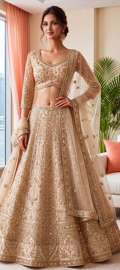Beige and Brown color Lehenga in Net fabric with Embroidered, Sequence, Zari work