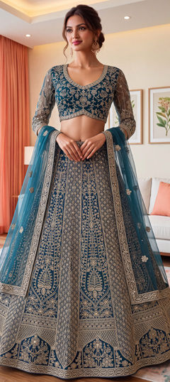 Blue color Lehenga in Net fabric with Embroidered, Sequence, Zari work