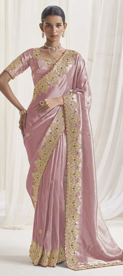 Purple and Violet color Saree in Viscose fabric with Sequence, Stone, Thread, Zari work