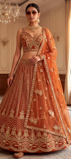 Orange color Lehenga in Net fabric with Embroidered, Sequence, Zari work