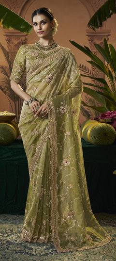 Green color Saree in Tissue fabric with Bugle Beads, Sequence, Thread work