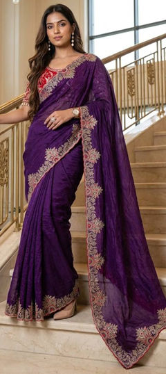 Purple and Violet color Saree in Tissue fabric with Embroidered work