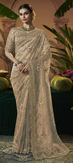 Gold color Saree in Tissue fabric with Bugle Beads, Sequence, Thread work