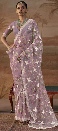 Purple and Violet color Saree in Organza Silk fabric with Embroidered, Sequence work