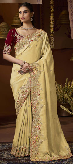Yellow color Saree in Jacquard fabric with Embroidered, Sequence, Thread, Zari work