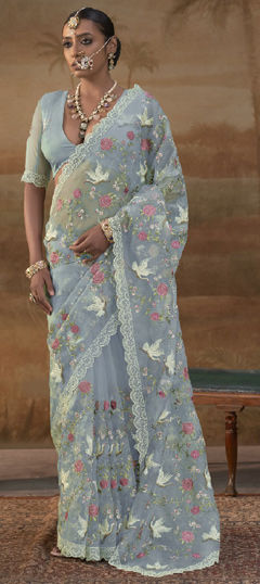 Blue color Saree in Organza Silk fabric with Embroidered, Sequence work