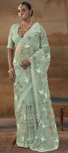 Blue color Saree in Organza Silk fabric with Embroidered, Sequence work
