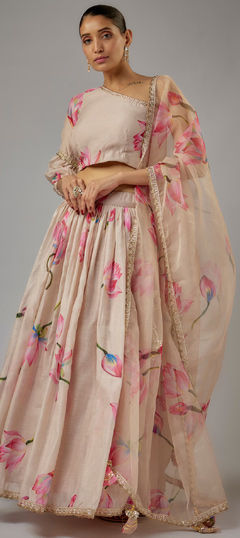 White and Off White color Lehenga in Muslin fabric with Floral, Gota Patti, Printed work