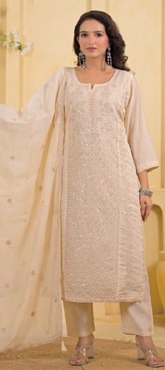 Beige and Brown color Salwar Kameez in Mul Chanderi fabric with Embroidered, Sequence work
