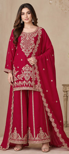 Red and Maroon color Salwar Kameez in Chinon Silk fabric with Embroidered work
