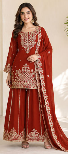 Beige and Brown color Salwar Kameez in Chinon Silk fabric with Embroidered work
